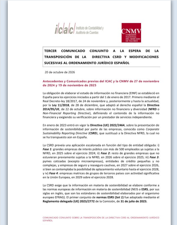 Imagen de Publicado tercer comunicado ICAC-CNMV Sostenibilidad